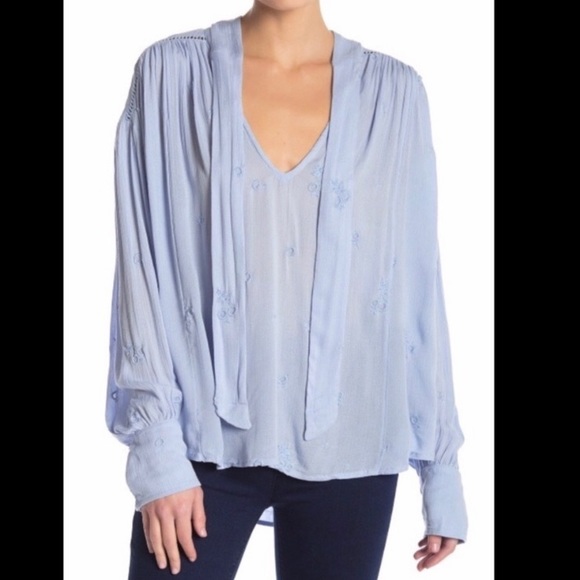 Free People Wishful Moments Tie Neck Blouse Embroidered Light Blue Oversized XS - Picture 13 of 16